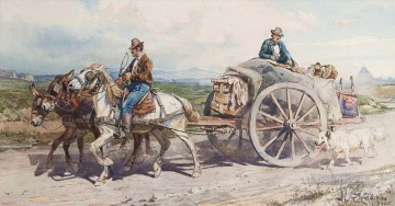 Charrette de paysans dans la campagne romaine género Enrico Coleman Pinturas al óleo